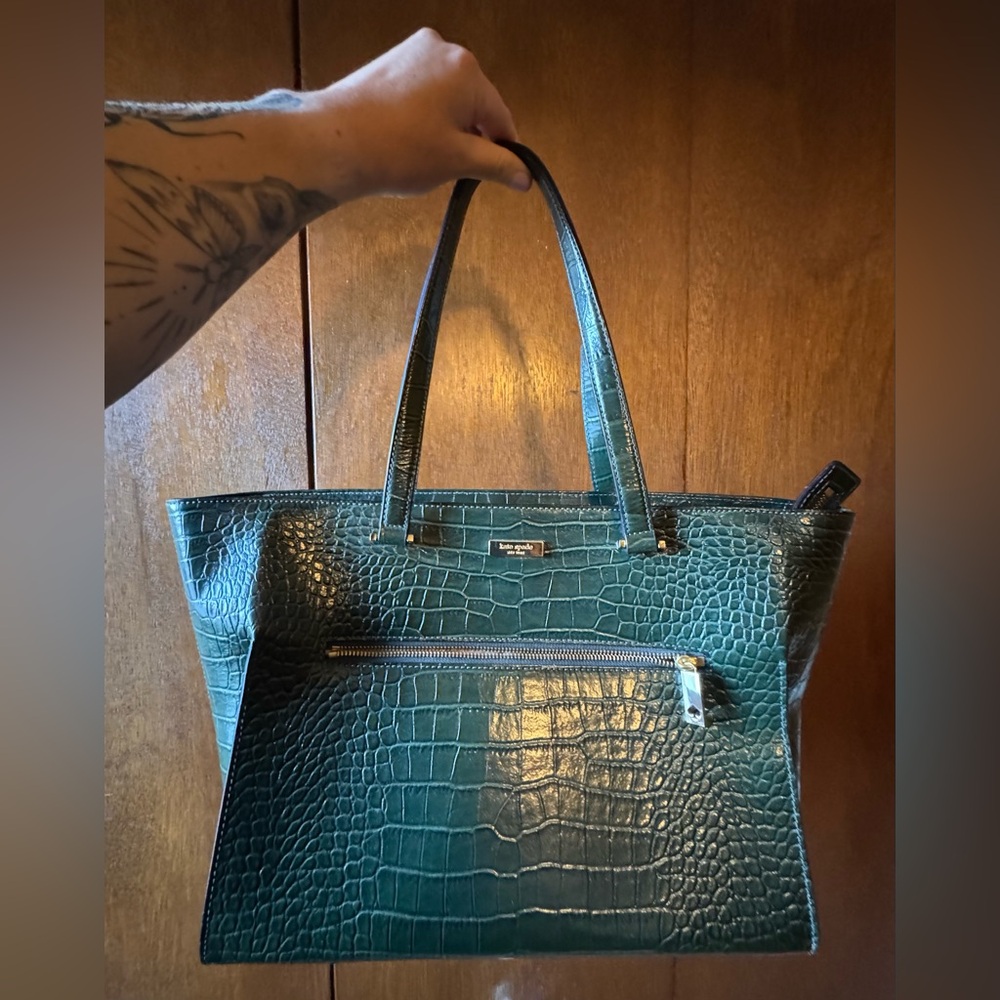 Kate Spade Green Crocodile-Embossed Tote Bag
